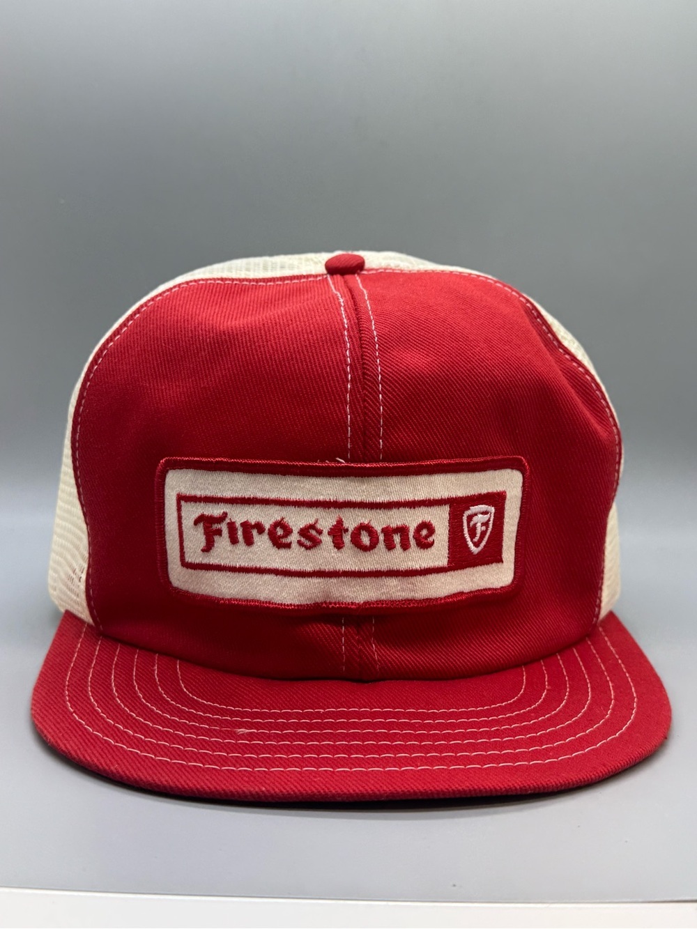 Vintage Firestone Trucker Hat Snapback – Made in Canada – 1980s Red Mesh Cap
